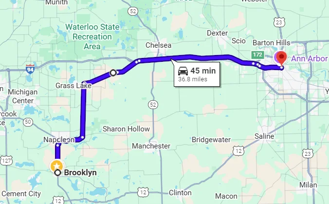 Map showing route from Brooklyn to Ann Arbor
