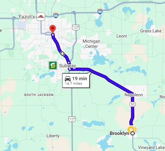 Map showing route from Brooklyn to Jackson