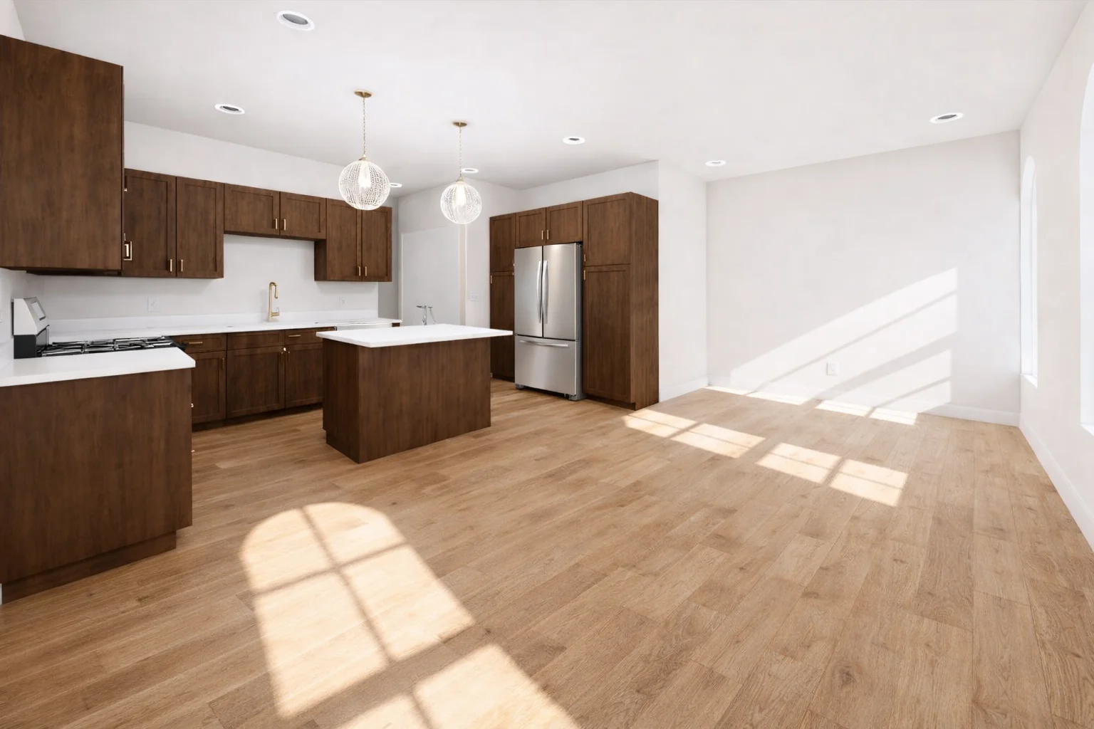 Kitchen with island and arched windows
