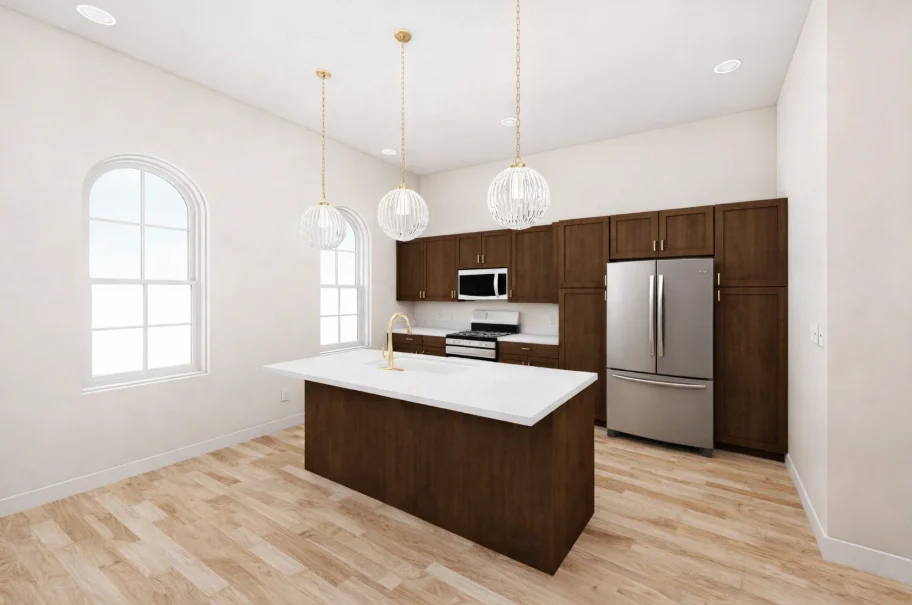 Kitchen with arched windows and pendant lights